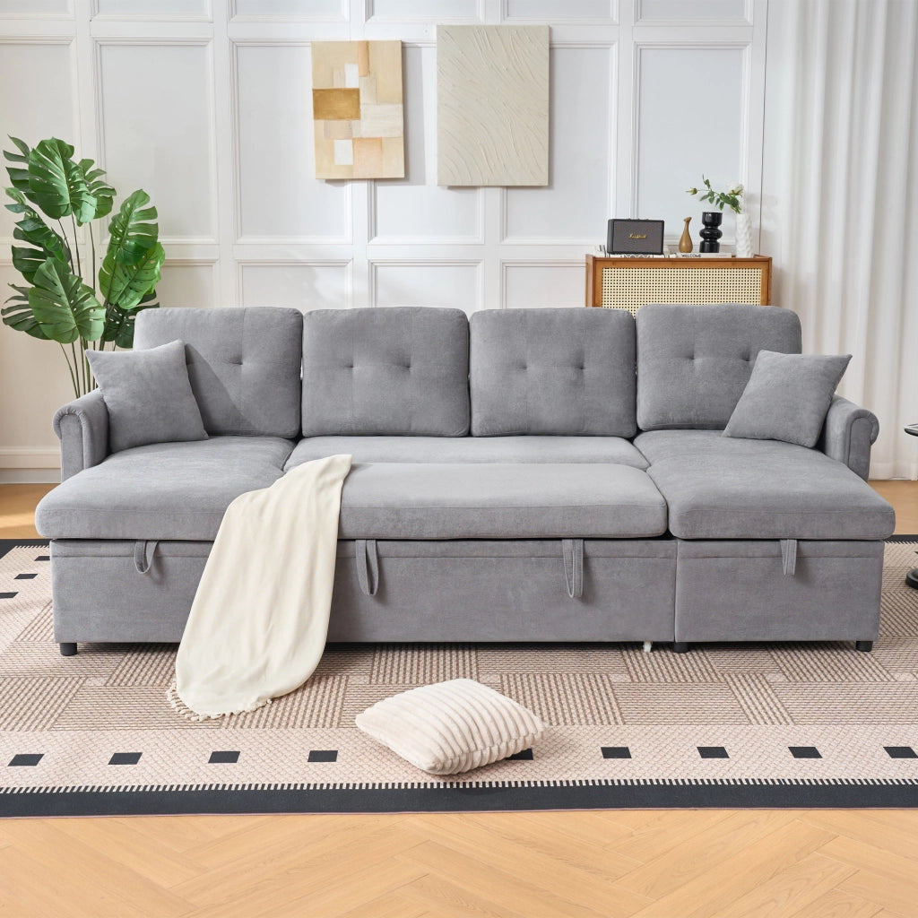 Divano panoramico a U 4-5 posti con funzione letto e contenitore con cuscini in chenille grigio
