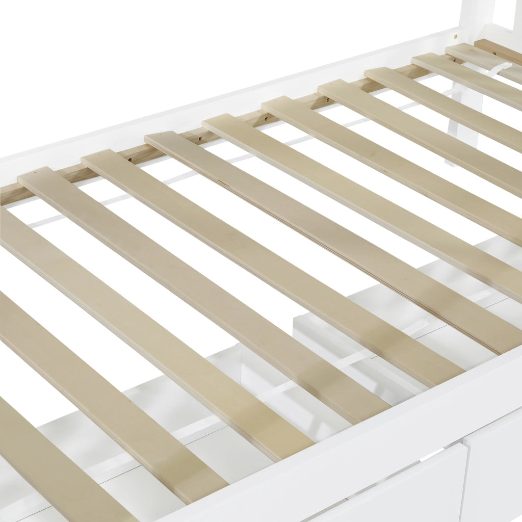 Letto a soppalco per bambini - Zephmum- 3 piani, scala, griglia di sicurezza, ripiani, cassetti, bianco, 90x200cm