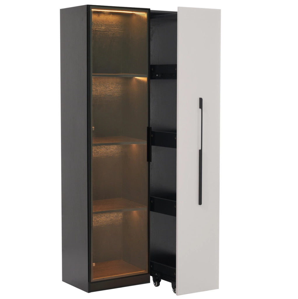 Vetrina multifunzione 70x40x160 cm in MDF nero e bianco， LED e ruote