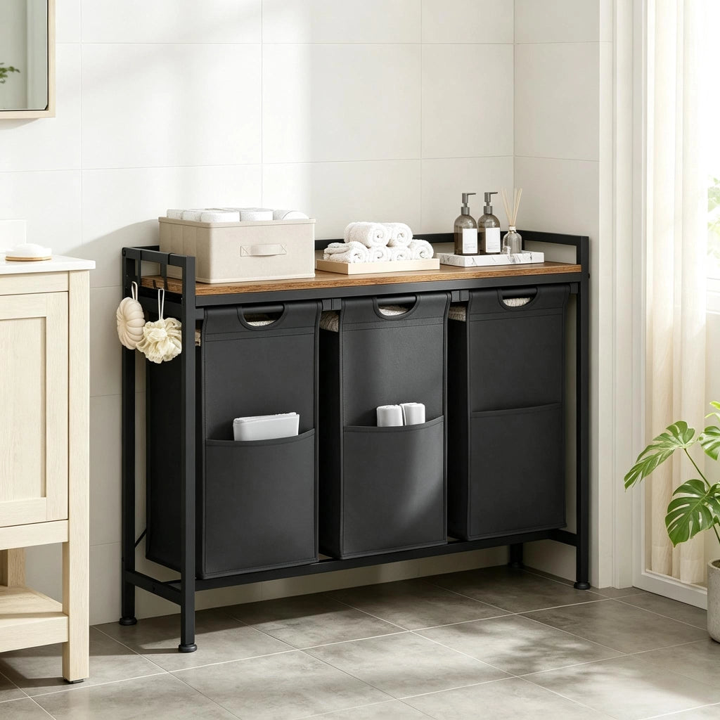 PORTABIANCHERIA con 3 cestelli estraibili 96x30x71 cm Nero/Marrone