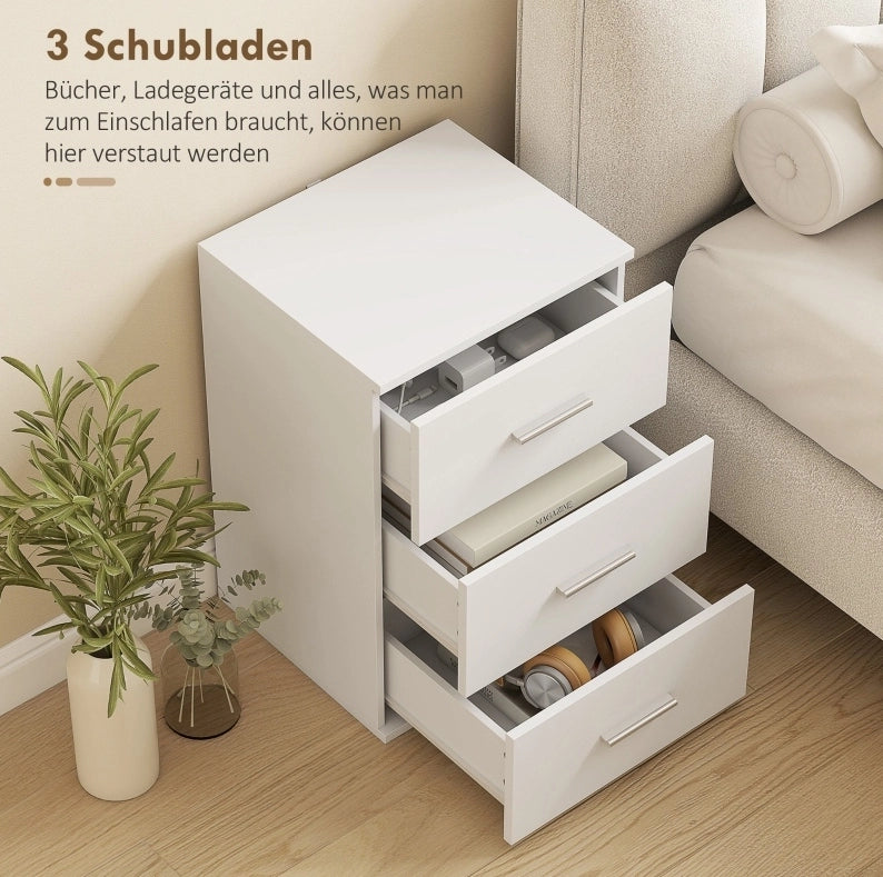 Comodino bianco in MDF con 3 cassetti e maniglie argento
