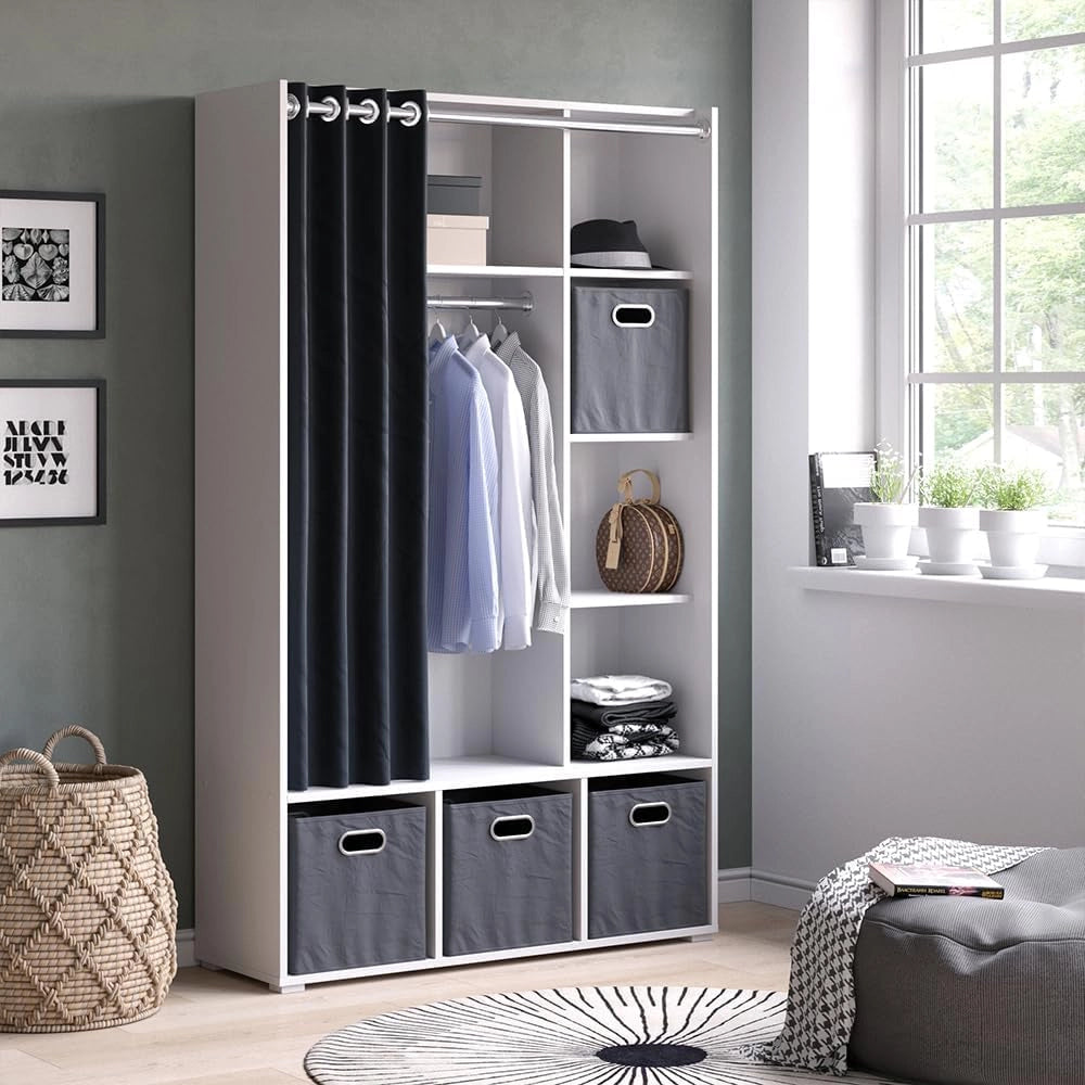 Armadio multifunzione Luigi, Bianco, 38 x 178.1 cm con binario per tendeper uno stoccaggio flessibile