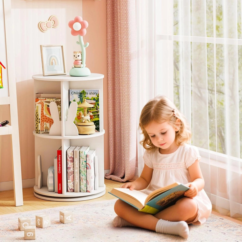 Libreria Girevole per Bambini, Scaffale Moderna in Legno a 2 Ripiani, Libreria Salvaspazio per Soggiorno, Camera da Letto e Studio, 40 x 65 cm (Bianco)