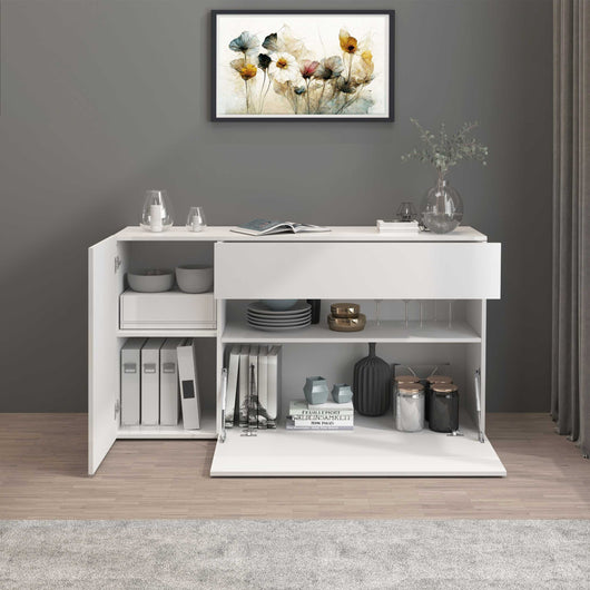 WHOUS Credenza Soggiorno Bianco Lucido, Made in Italy STILE: 1 anta 1 ribalta e 1 cassetto