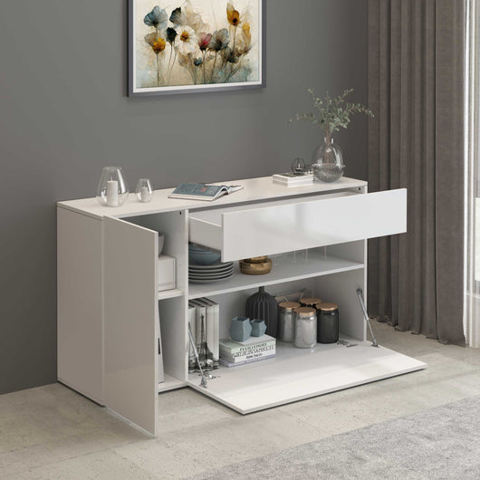 WHOUS Credenza Soggiorno Bianco Lucido, Made in Italy STILE: 1 anta 1 ribalta e 1 cassetto