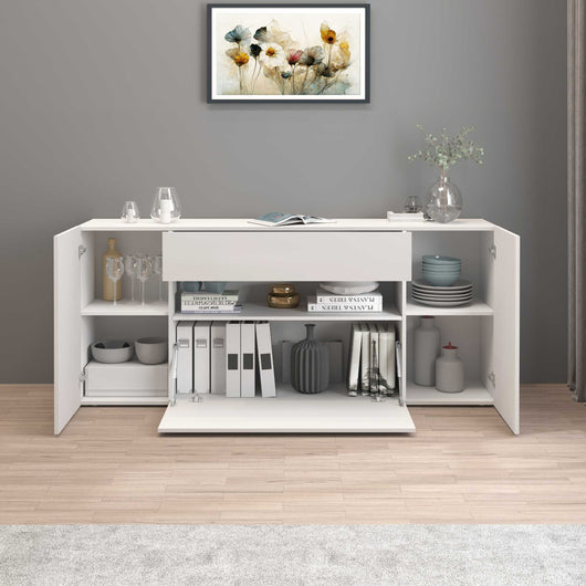 WHOUS Credenza Soggiorno Bianco Lucido, Made in Italy STILE: 2 ante 1 ribalta e 1 cassetto