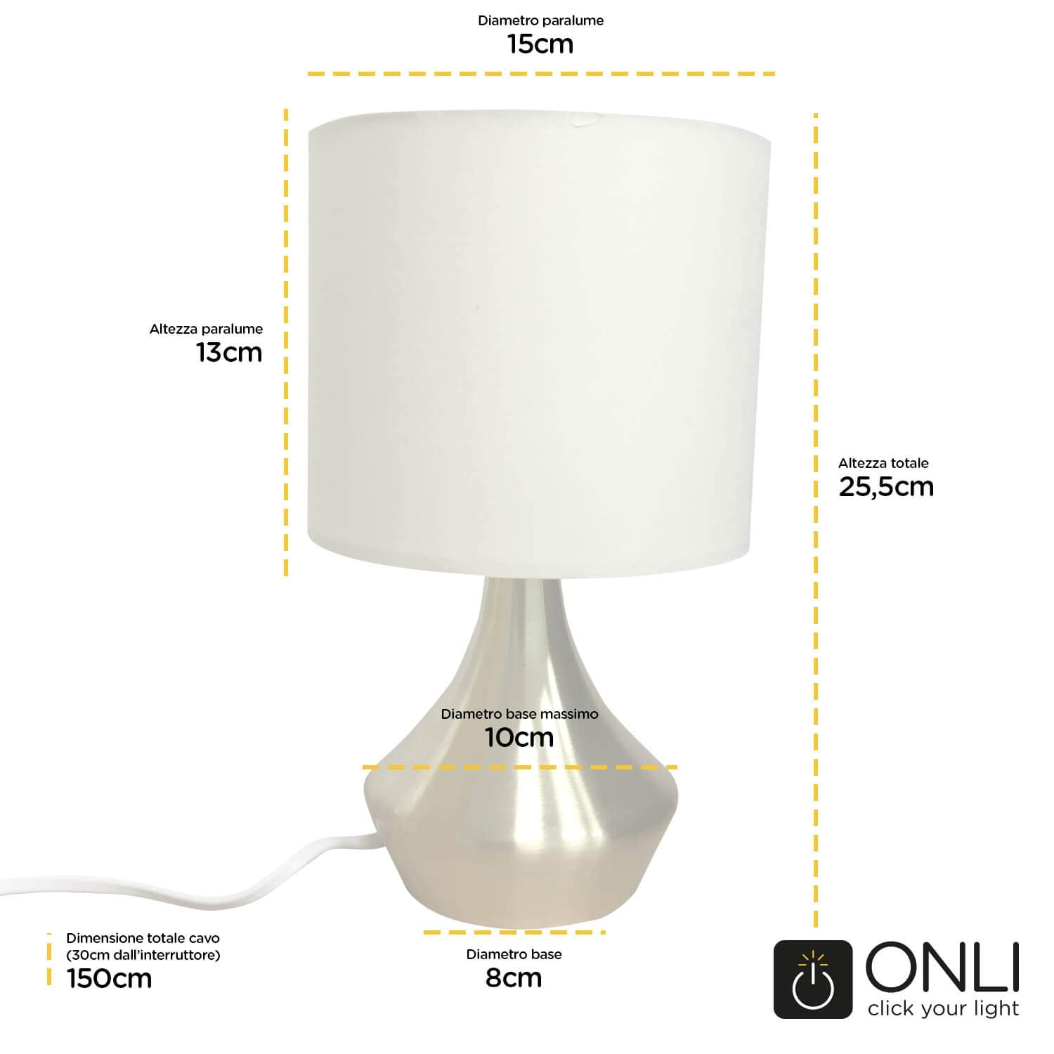 ONLI - Lampada da Tavolo in Metallo Satinato oro e Paralume in Tessuto Bianco