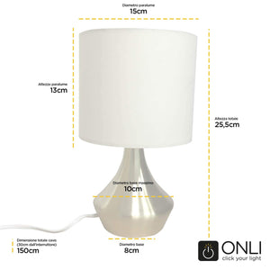 ONLI - Lampada da Tavolo in Metallo Satinato oro e Paralume in Tessuto Bianco