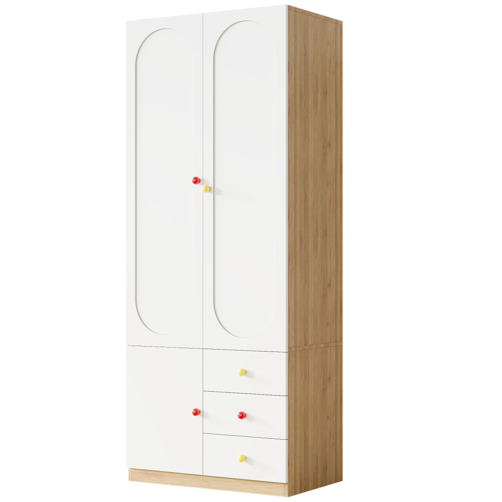 Armadio per bambini, 3 cassetti, maniglie in ceramica colorata, finitura effetto legno, bianco