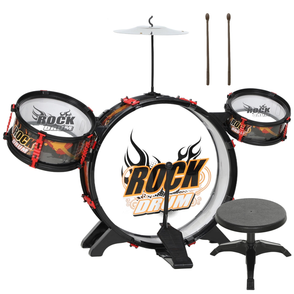 Set Batteria Giocattolo per Bambini con Sgabello, Gioco Musicale per Bambini 3-6 Anni, Nero