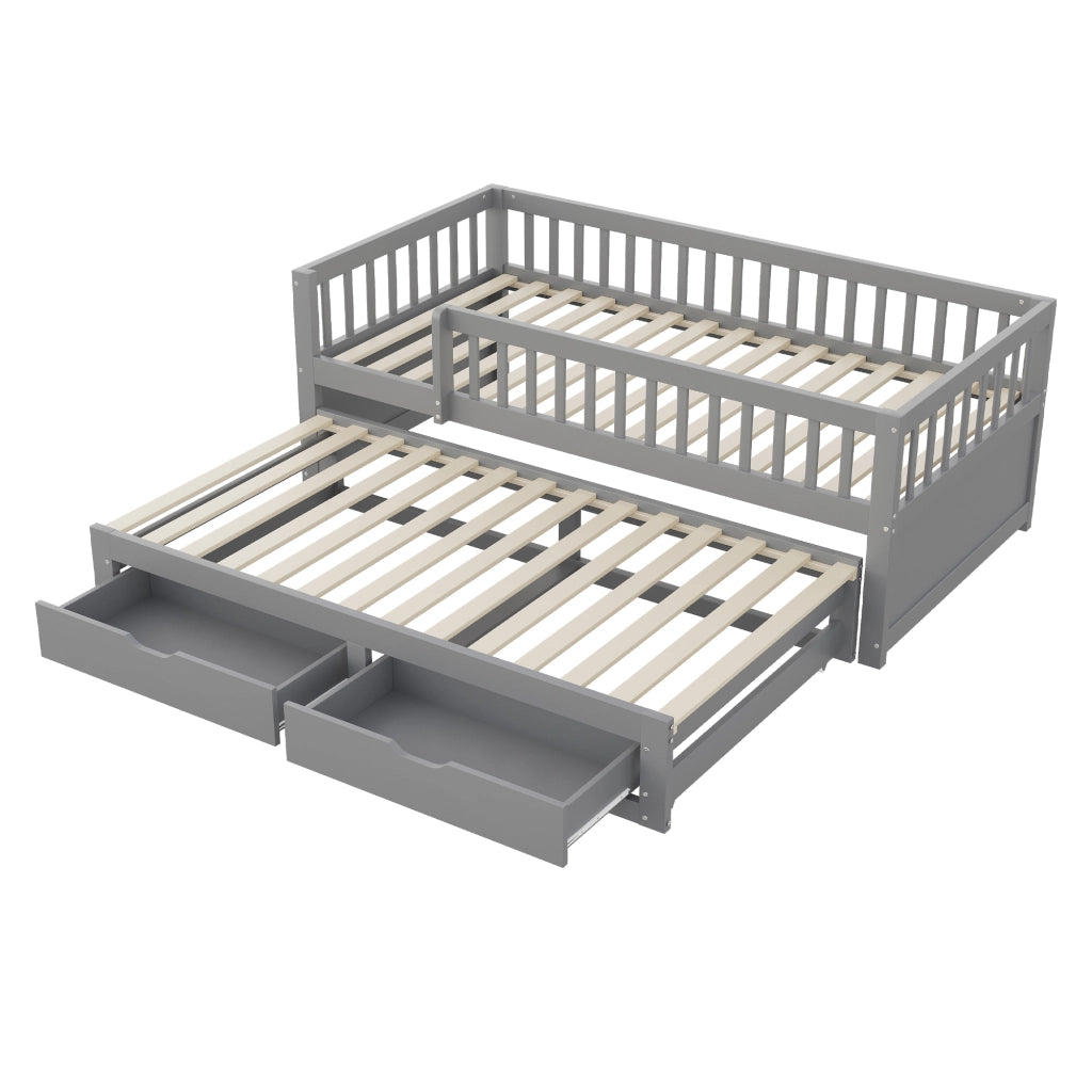 Letto estraibile singolo 90×200 cm con 2 cassetti; rete e barriera di sicurezza; senza materasso; legno; grigio