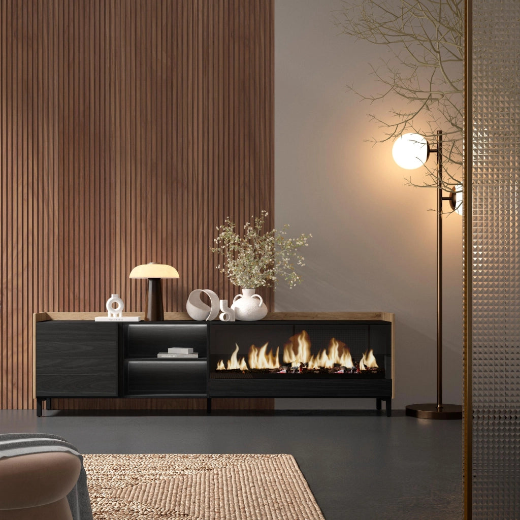 Mobile TV Soggiorno, 212x61x35 cm, Per TV fino a 80", Camino elettrico XXL, Design industriale, LED, Nero e rovere