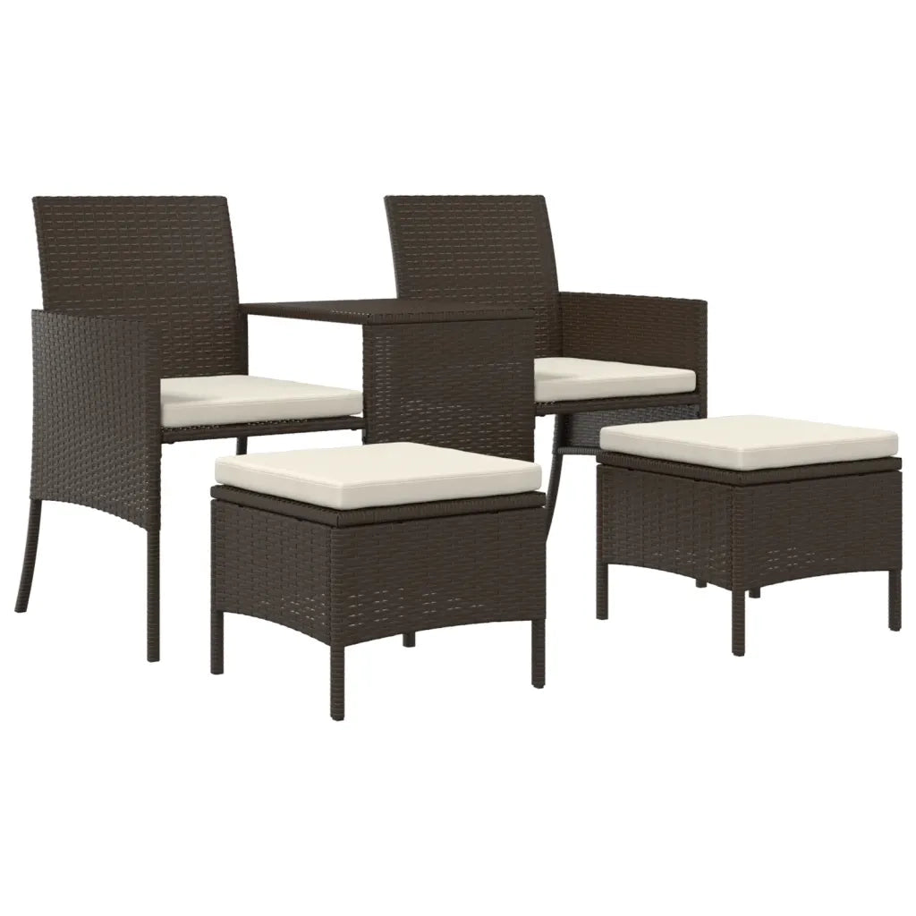 Divano Giardino 2Posti con Tavolo e Sgabelli Marrone Polyrattan
