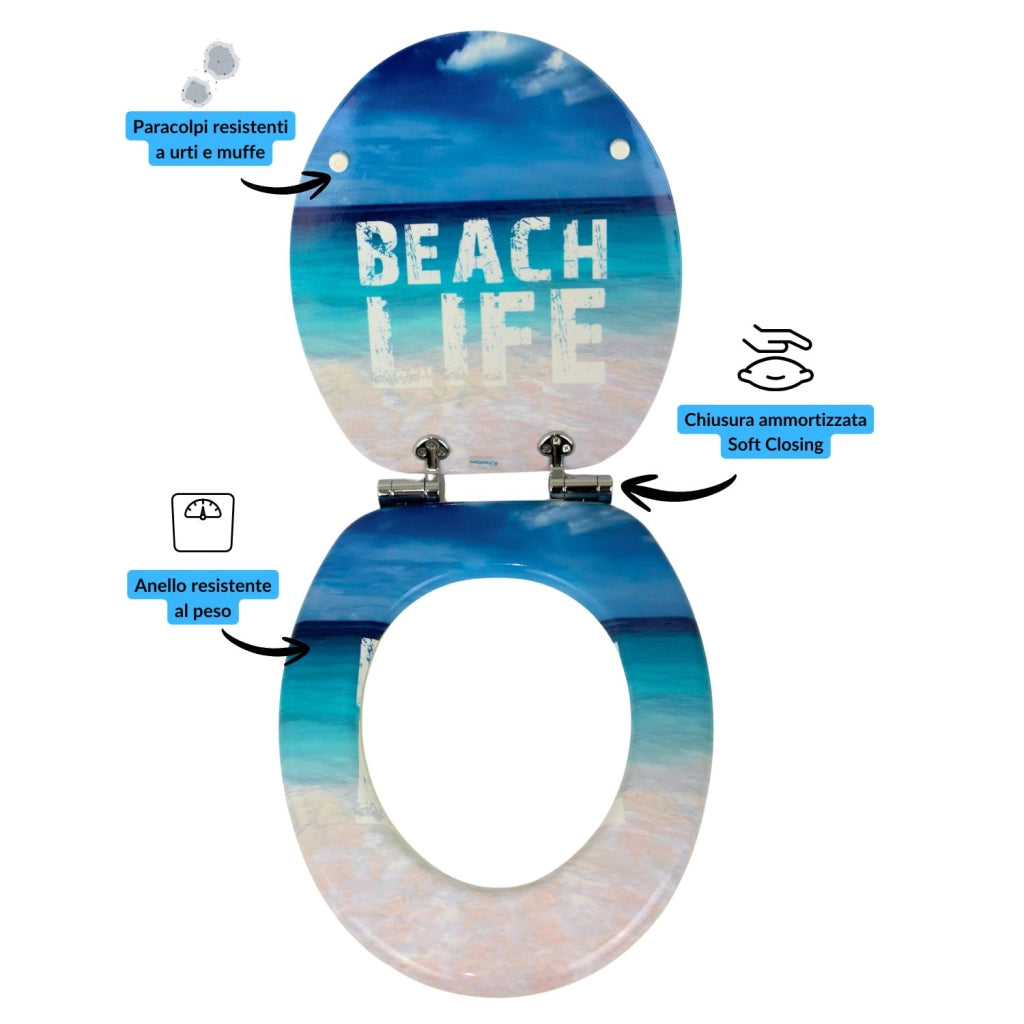 Sedile wc copri vater universale frizionato fantasia in mdf chiusura rallentata *** fantasia beach life, confezione 1