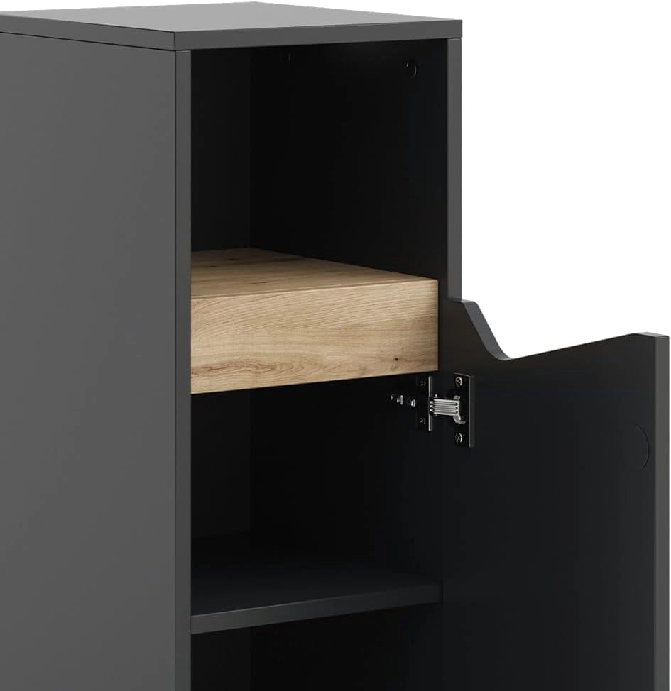 Mobiletto midi Marelle, Antracite/Artisan, 30 x 74.5 cm con porta e vano aperto, per la conservazione di articoli da bagno e asciugamani