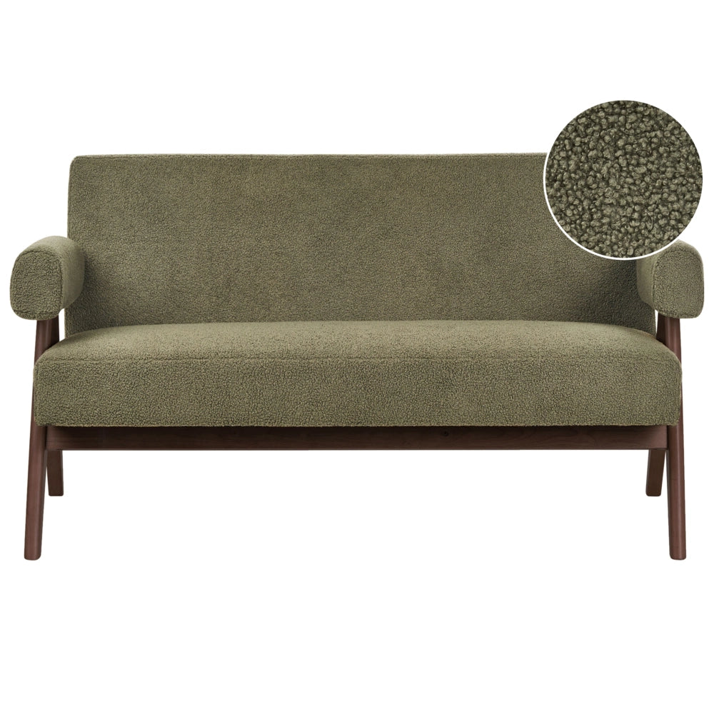 Divano a 2 posti Rivestimento in bouclé verde e marrone scuro Design retrò Gambe in legno Soggiorno
