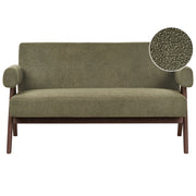 Divano a 2 posti Rivestimento in bouclé verde e marrone scuro Design retrò Gambe in legno Soggiorno