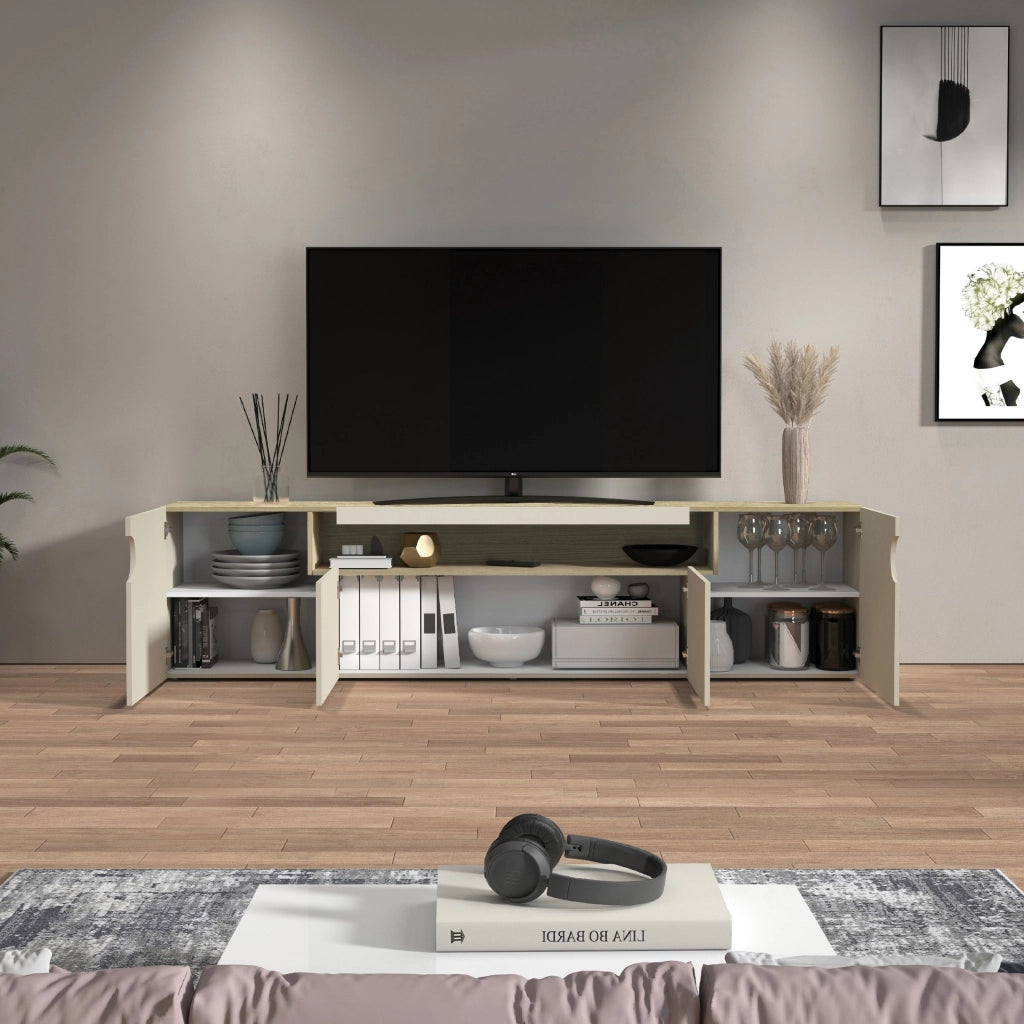 WHOUS Mobile porta TV Real con 4 ante e 1 vano aperto cashmere e rovere chiaro 240x40x60 cm