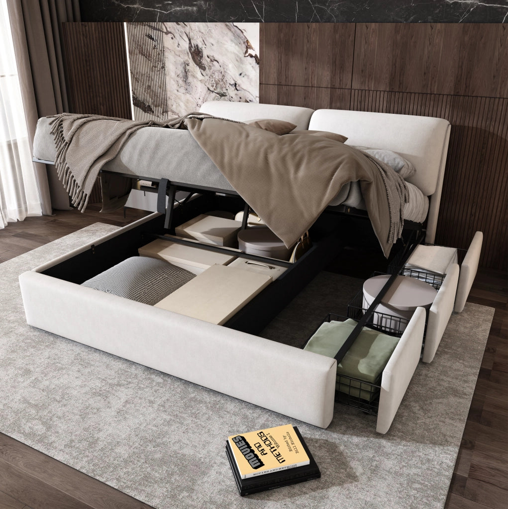Letto imbottito 160x200 cm con 3 cassetti; contenitore idraulico e testiera regolabile; velluto beige