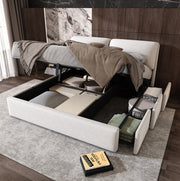 Letto imbottito 160x200 cm con 3 cassetti; contenitore idraulico e testiera regolabile; velluto beige