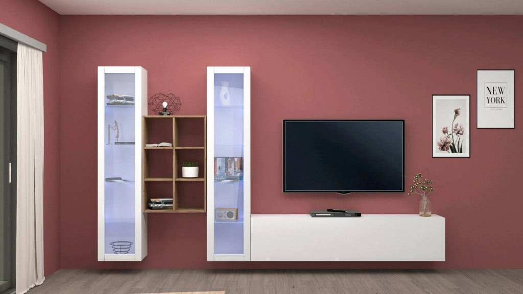 Mobile Soggiorno Lome, Parete Attrezzata 15 Ripiani Made in Italy, 320x30x180h cm Bianco Lucido