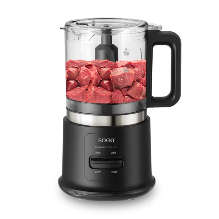 Tritatutto elettrico 1L 400W con 4 lame in acciaio inox rivestite titanio, 2 velocità per carne e verdure - Sogo