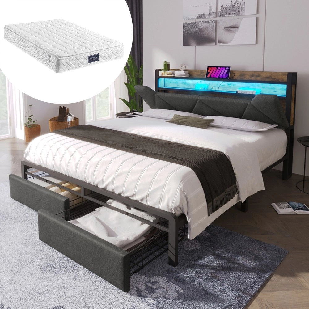 Letto Imbottito con Testiera Contenitore, USB e LED ¨C MINIMAL ¨C Grigio, 160x200, con materasso, rete a doghe, metallo, cassetti