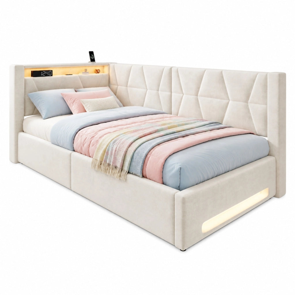 Letto Singolo 90x200 cm con Contenitore; USB; Type-C e LED in Velluto Beige