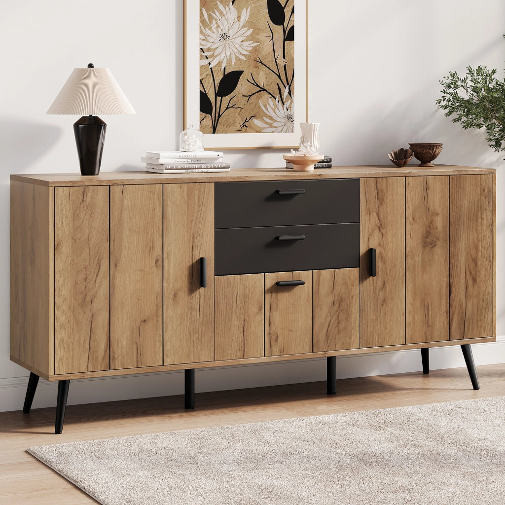 Credenza e madia con 2 cassetti 3 ante e 7 vani per soggiorno e sala da pranzo in MDF nero e legno 140 × 35 × 67 cm