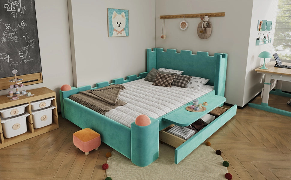 Letto per bambini imbottito 140 ¡Á 200 cm con ripiano pieghevole e cassetto in velluto francese blu-verde