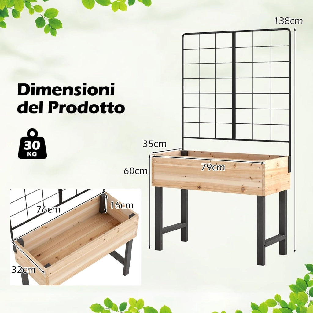 Letto da Giardino Rialzato con Traliccio in Metallo e Drenaggio, Fioriera in Legno Sopraelevata per Piante Rampicanti, Fioriera da Interno ed Esterno per Patio, Balcone e Cortile