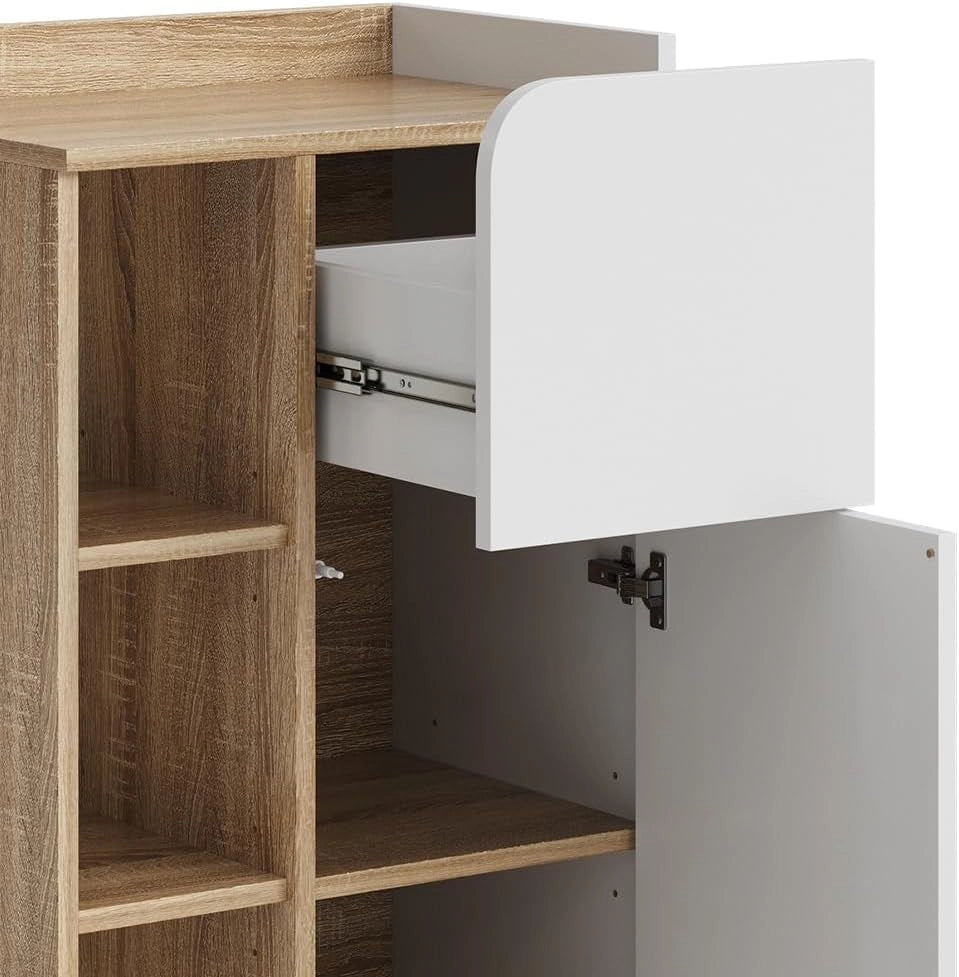 Mobiletto bagno Karen, Sonoma/Bianco, 50 x 90 cm con anta e cassetto, adatto per la conservazione di articoli da bagno e asciugamani