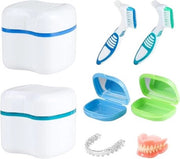 2 contenitori per protesi + 2 contenitori per denti artificiali con specchio, con cesta, scatola per portatori con 2 spazzole, scatola per protesi dentali per igiene orale, blu + verde