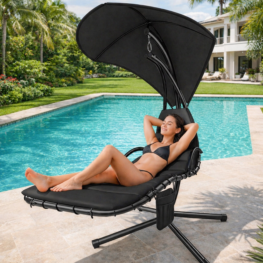 Sdraio A Sospensione Con Ombrellone Nero E Cuscino Ergonomico Amaca Da Giardino In Poliestere Resistente Per Arredamento Esterno Terrazzo Bordo Piscina Formato 195x132x197 Cm
