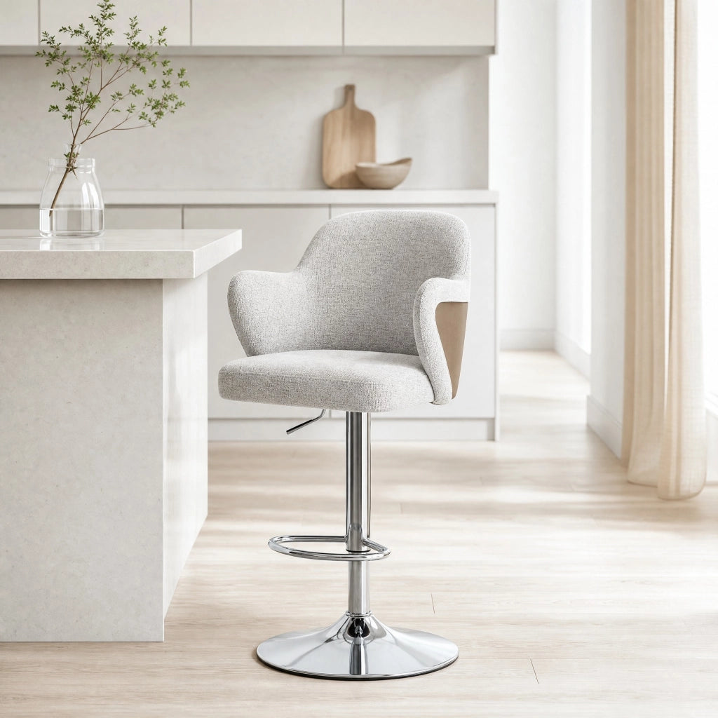 Sgabello da Bar Set da 2 Girevole Regolabile in Altezza con Braccioli e Poggiapiedi in Tessuto Grigio e Marrone
