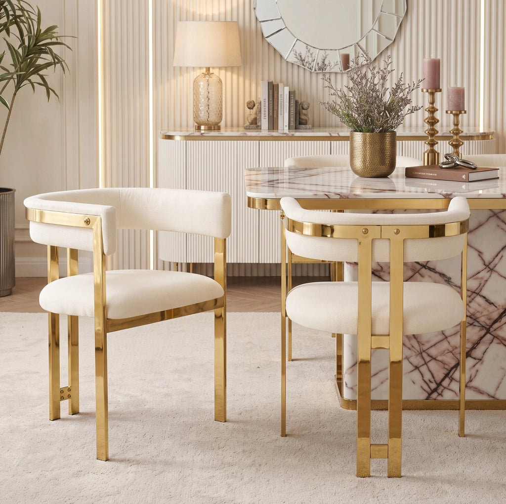 Set di 2 sedie con schienale semicircolare; rivestimento in chenille; beige e oro