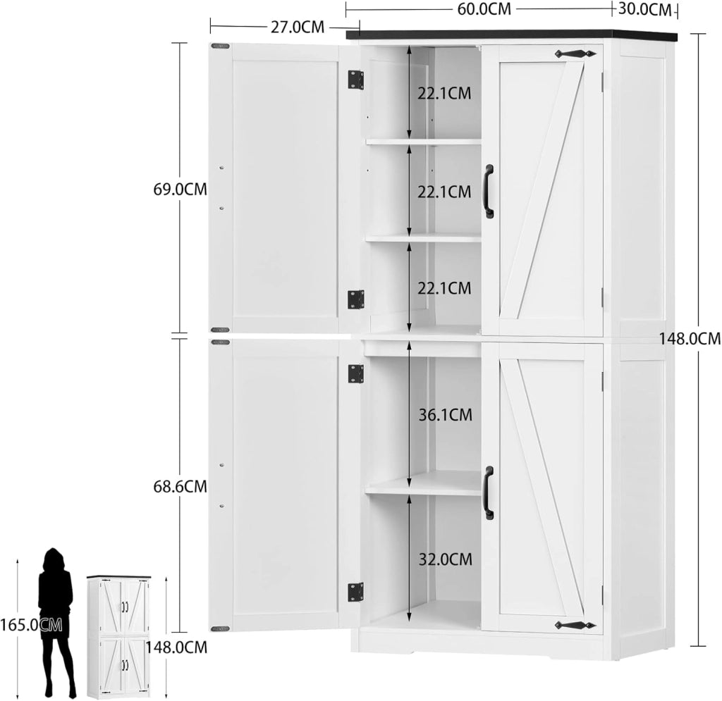 Credenza Cucina, Mobile Cucina con 4 Ante e Ripiani Regolabili, Dispensa Cucina con Maniglie Nere, per Soggiorno e Sala da Pranzo, Bianco – 60x30x148 cm