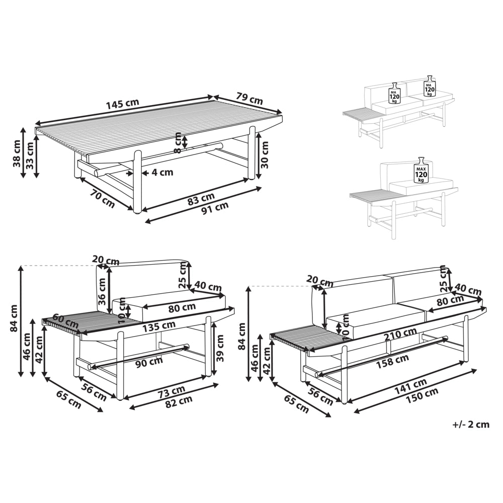 Set di divani da giardino Cuscini bianco sporco Legno di acacia Rustico per esterni 3 posti con tavolino