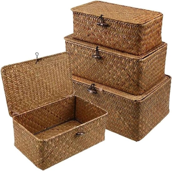 Set di 3 Mandolini in Rattan con Coperchio, Multifunzionali per l'Organizzazione e il Decorativo