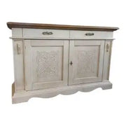 Credenza madia Alberta in legno 2 ante 2 cassetti bianco anticato e noce scuro con rilievo