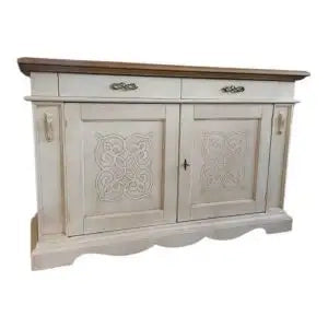 Credenza madia Alberta in legno 2 ante 2 cassetti bianco anticato e noce scuro con rilievo