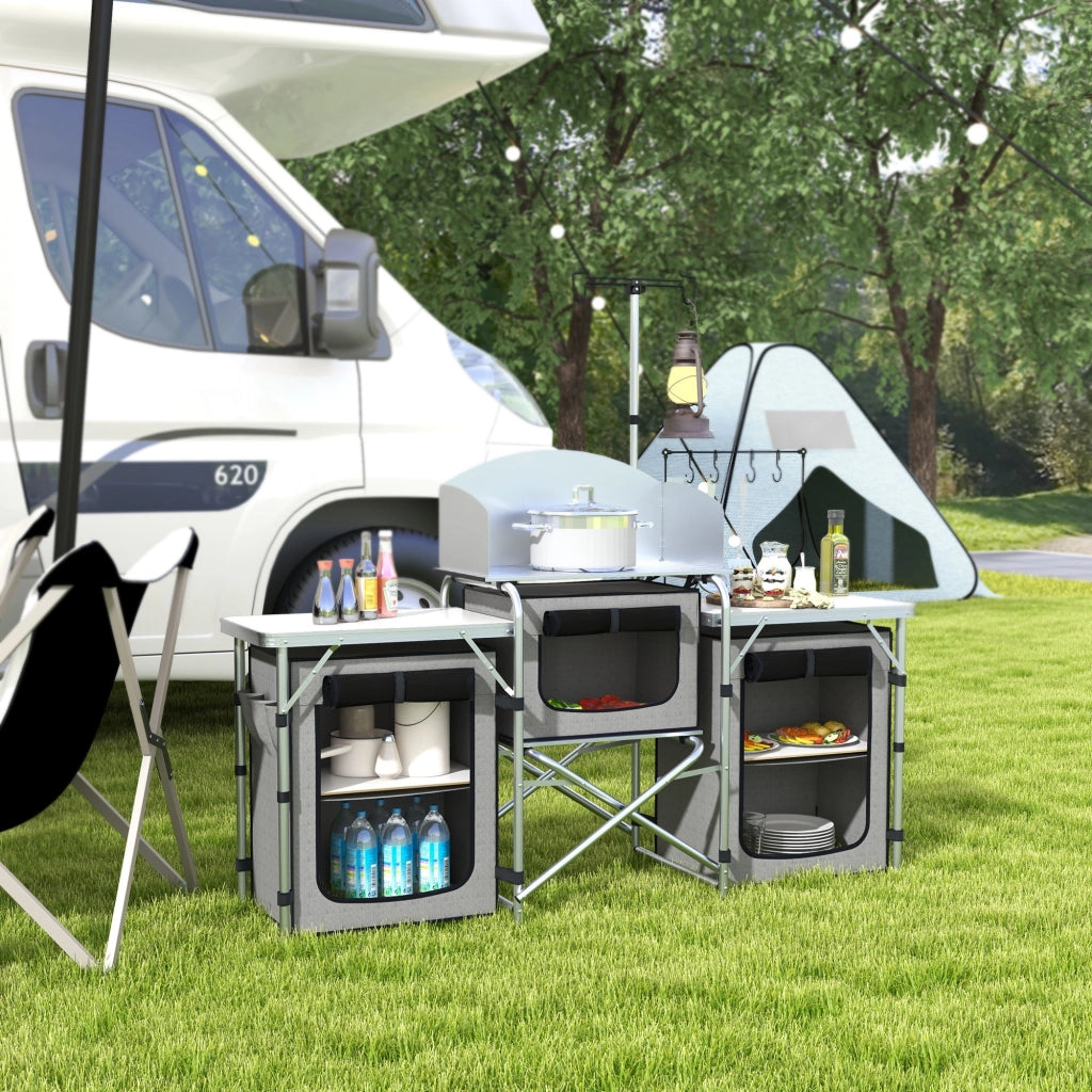 Cucina da Campeggio Pieghevole a 3 Piani con 5 Ripiani Interni e 4 Ganci, 172x48x130 cm, Grigio e Argento