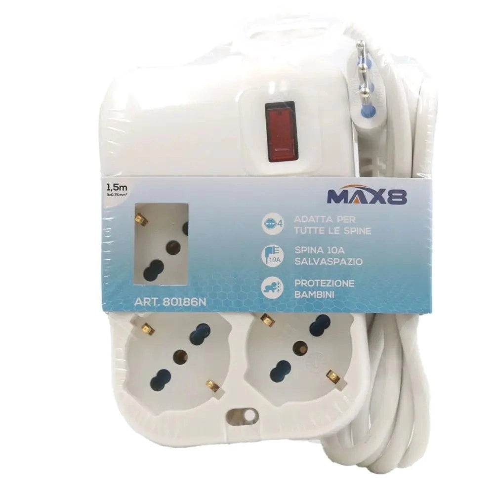 Trade Shop - Multipresa Ciabatta Quadrata 4 Uscite Universali Spina 10a Cavo 1.5mt Bianco 80186n -