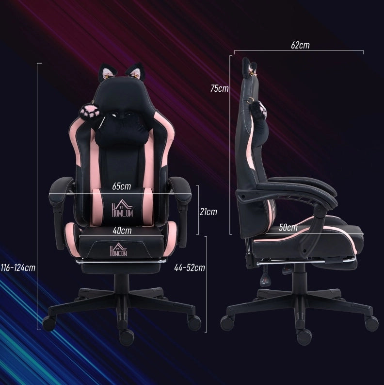 Poltrona gaming nera con orecchie di gatto e poggiapiedi