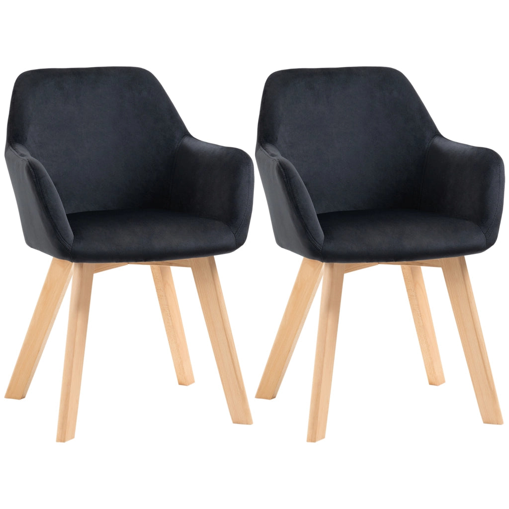 Set di 2 sedie da pranzo ergonomiche in poliestere nero, con braccioli allungati e gambe in legno, 54x57x80 cm