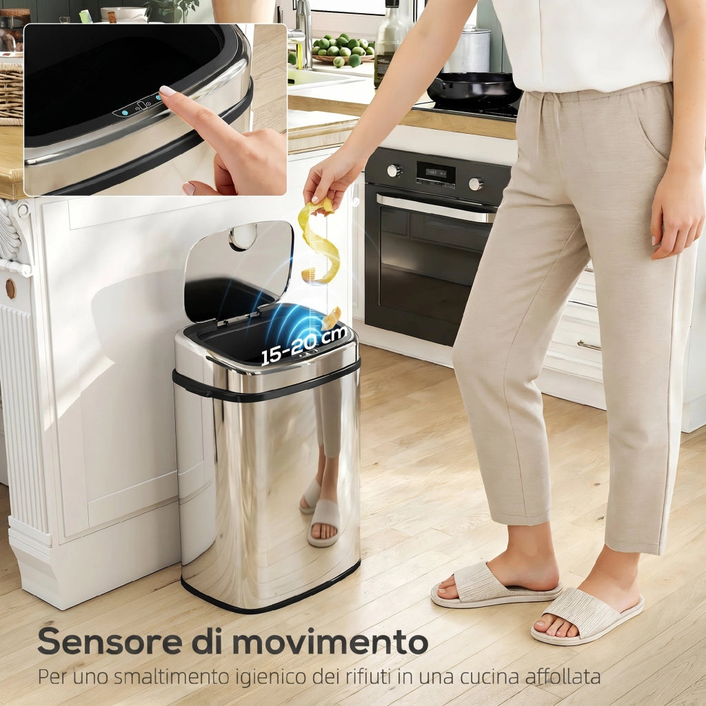 Pattumiera con Sensore a Infrarossi 40,5x29,5x58 cm Capacità da 50L con 2 Modalità di Apertura in Acciaio Inox Argento
