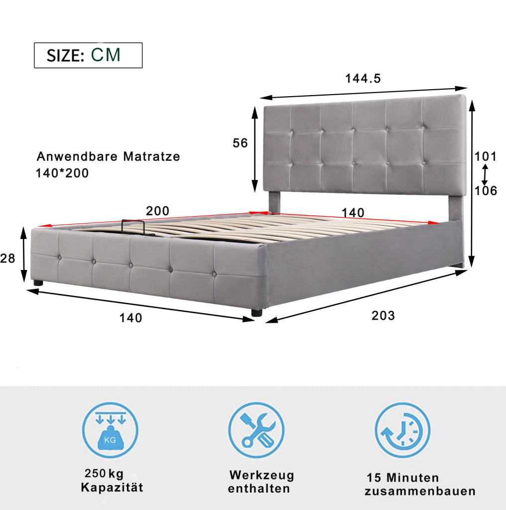 Letto imbottito con contenitore idraulico in velluto grigio