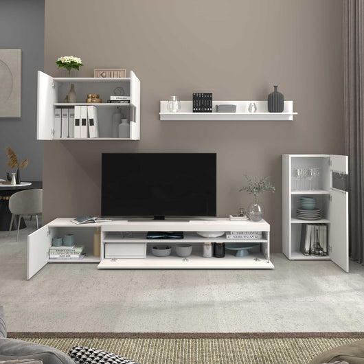 WHOUS Parete Attrezzata Bianco Lucido 240x40x160 cm con Vetrina sospesa, Vetrina a Terra, Mobile Porta TV e Mensola, Made in Italy