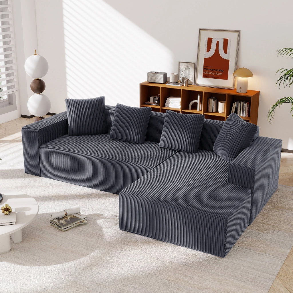 Divano modulare 261x146x65 cm con chaise longue; seduta profonda; velluto a coste grigio