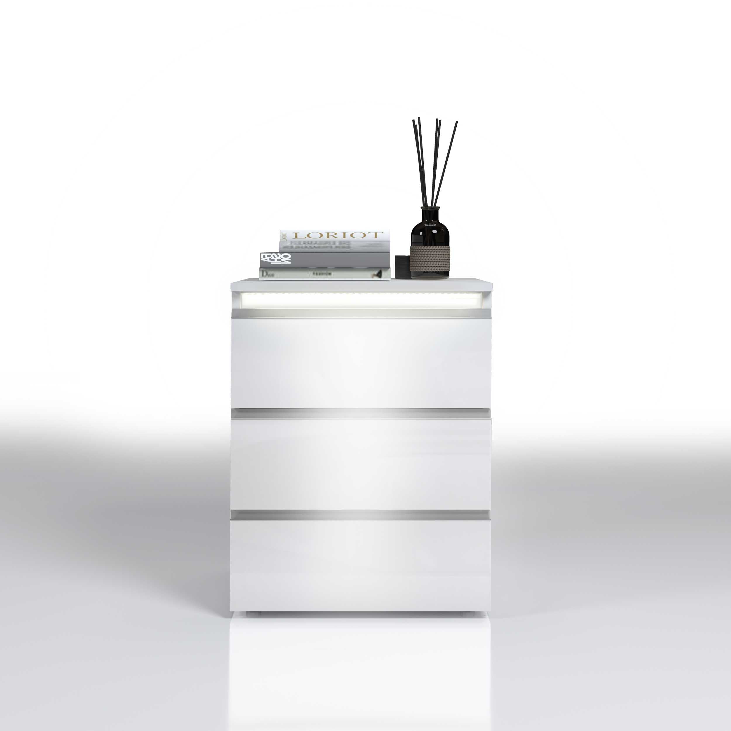WHOUS Comodino con Luce LED 50x40x65 cm con con 3 Cassetti e Manici in Alluminio, Made in Italy COLORE: Bianco lucido